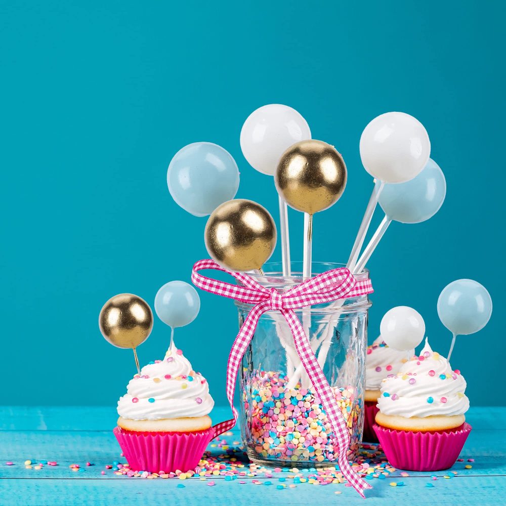 Gyufise 30Pcs Ball Cake Topper Ball Cake Picks Colorful Pearl Ball Shaped Cupcake Insert Cake Topper for Bear Theme Birthday Party Favors Wedding Decoration Supplies Blue White Gold - Image 2