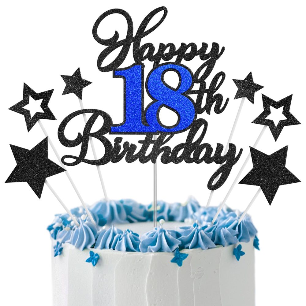Happy Birthday Cake Topper 18, Eighteen Birthday Decorations Black Blue Glitter 18th Birthday Cake Decor with Star Sticks Birthday Anniversary Party Supplies for Boys Girls Teens Men Women