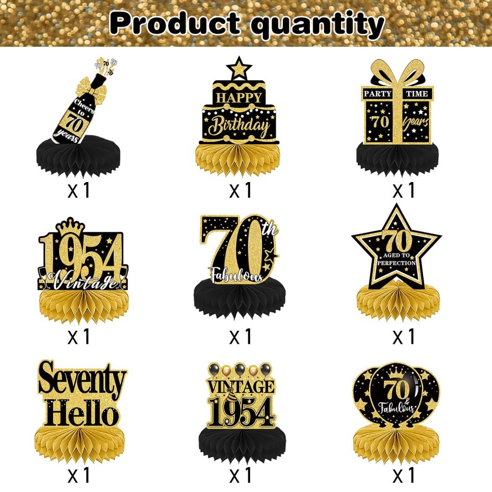 Luvart 70th Birthday Decorations-Black and Gold Table Decorations for Birthday Party 9pcs 70th Birthday Decorations for Men Women Honeycomb Center Decor with Vintage 1954 Birthday Party Supplies - Image 5