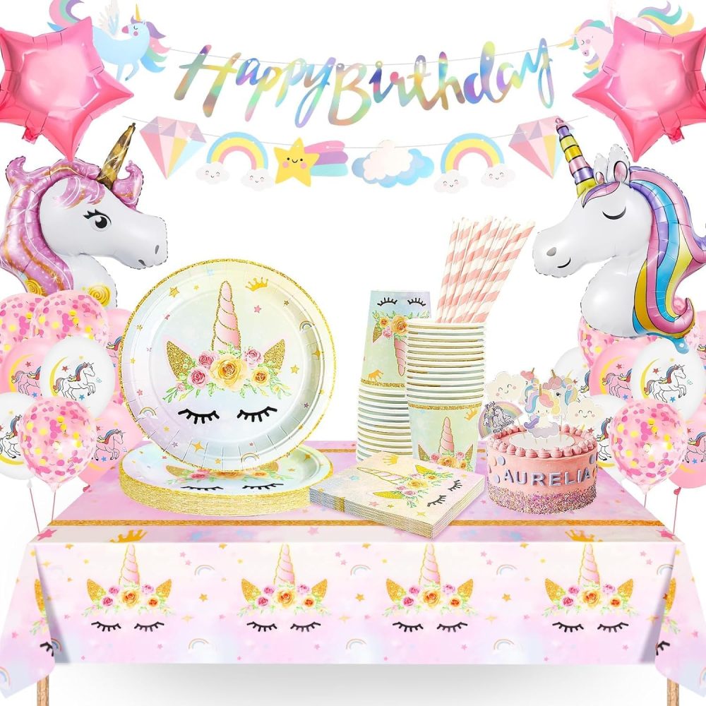 yosiio Unicorn Party Tableware Set, Unicorn Birthday Decoration Set, Party Supplies Paper Plates Cups Napkins Table Cloth Balloons for Kids' Birthday Parties and Unicorn Themed Celebrations (16 Guests