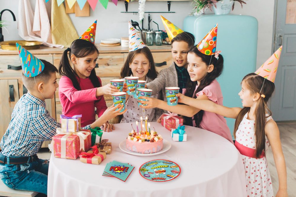 Eco-Friendly Super Hero Themed Kids Birthday Party Kit for 8 Guests - Complete Tableware Set with Plates, Cups, Napkins, and Table Cover - Ultimate Party Supplies and Decorations Package - Image 2