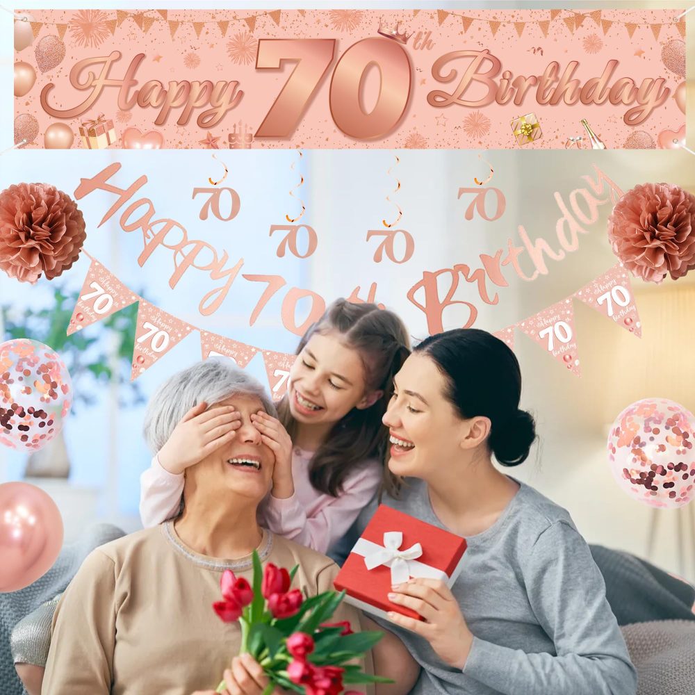 Rose Gold 70th Birthday Banner - 33 Pieces Rose Gold Birthday Party Decor Strip Banner Triangle Flag Rose Gold Hanging Paper Flower Matte Rose Gold Sequins Balloon for Women 70th Birthday Party Decor - Image 3
