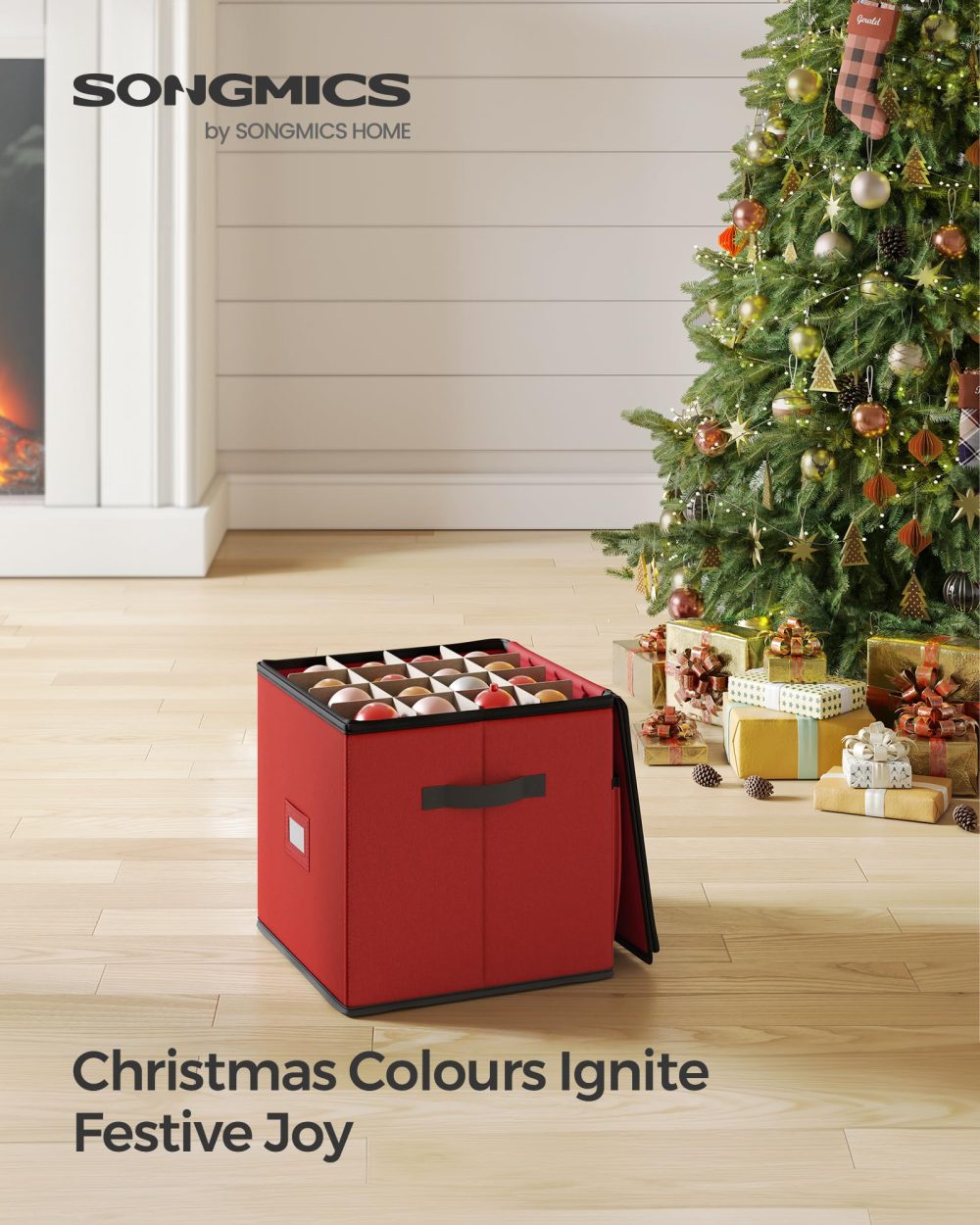 SONGMICS Christmas Decoration Storage Box, 7.6 cm 64 Slots, Stackable Christmas Bauble Storage Box with Lid, Dual Zippers, Adjustable Dividers, Non-Woven Fabric, Cherry Red RFB036R01 - Image 7