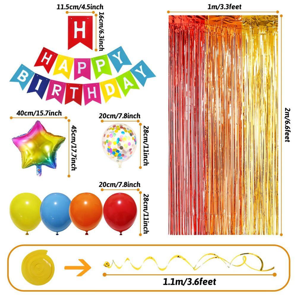 Colorful Birthday Decorations, Birthday Party Supplies for Men Women Boys Girls with Rainbow Happy Birthday Banner, Confetti Balloons, Fringe Curtain, Heart Star Foil Balloons, Hanging Swirls - Image 7