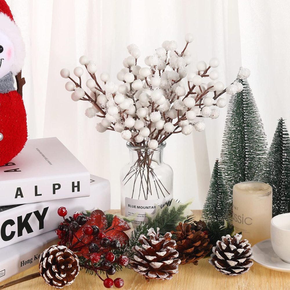 Geosar 30 Pieces Artificial Christmas Berry Picks with Snowflake Glitter Artificial Holly Berry Stems for Christmas Tree Ornaments Vases DIY Crafts Home Wedding Party Holiday Decor(White) - Image 5