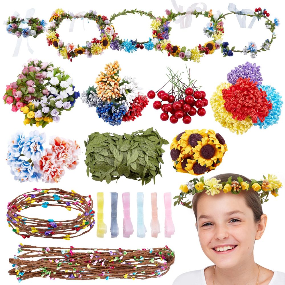 INFUNLY 20 Pcs DIY Flower Crowns Making Kit Handmade Floral Crown Garland Kit Make Your Own Flower Wreath Hair Accessories Gift for Wedding Birthday Party Favours DIY Arts and Crafts