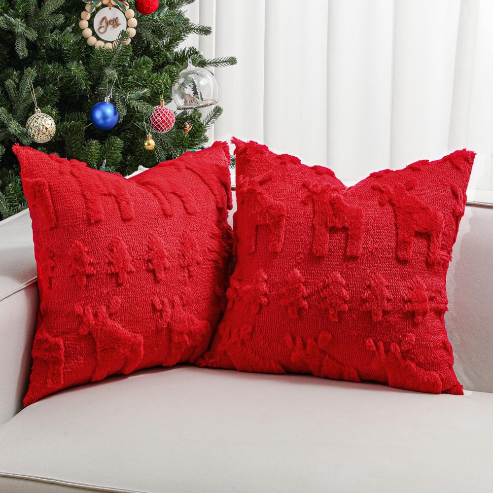 Lewondr Christmas Throw Pillow Cover 18x18, Set of 2 Super Soft Faux Fur Pillow Covers Velvet 3D Christmas Tree Reindeer Embroidery Square Throw Pillowcase for Living Room Bed Sofa Home Decor, Red
