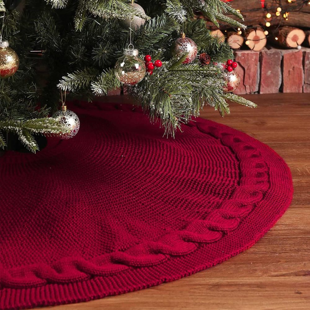 XUDREZ Large Christmas Tree Skirt, Heavy Yarn Base Cover 3D Knitted Christmas Tree Mat Christmas Tree Base Covers Xmas Tree Decorations for Party Holiday (Burgundy,122cm/48 inch) - Image 3