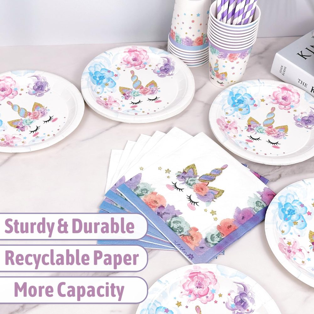 yosiio Unicorn Party Tableware Set, Butterfly Theme Party Supplies, Unicorn Birthday Decoration Set, Paper Plates with Butterfly Balloons for Kids' Birthday Baby Shower 16 Guests - Image 6