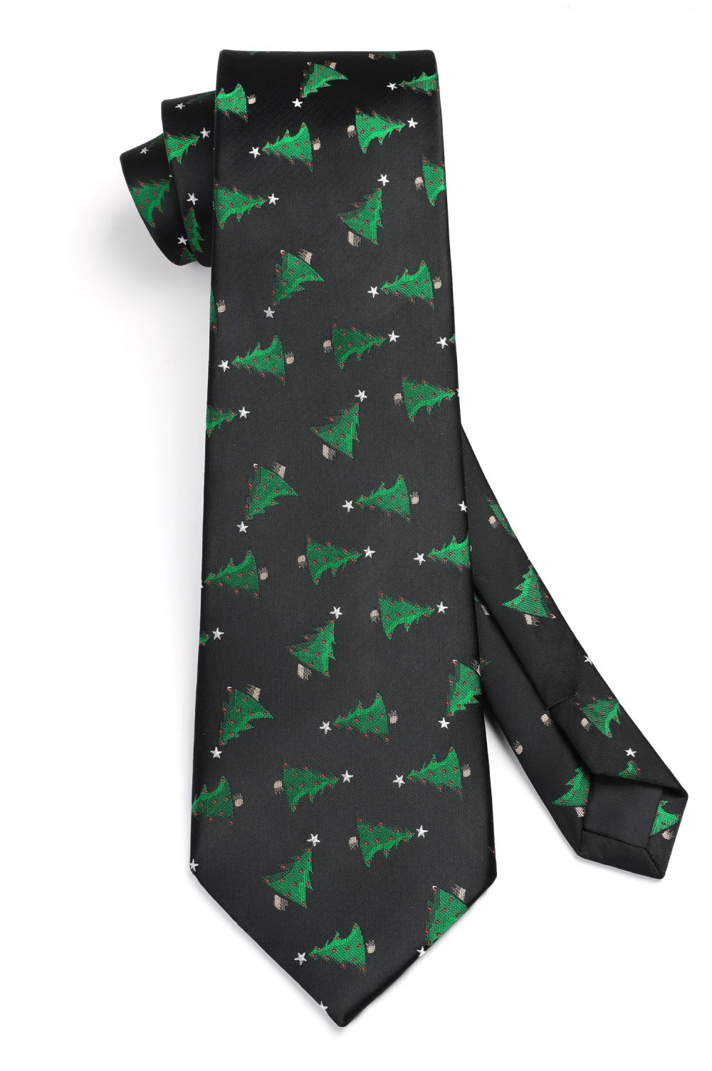 HISDERN Christmas Black Tie for Men Green Trees Pattern Ties Festival Party Xmas Dinner Necktie & Pocket Square Set - Image 6