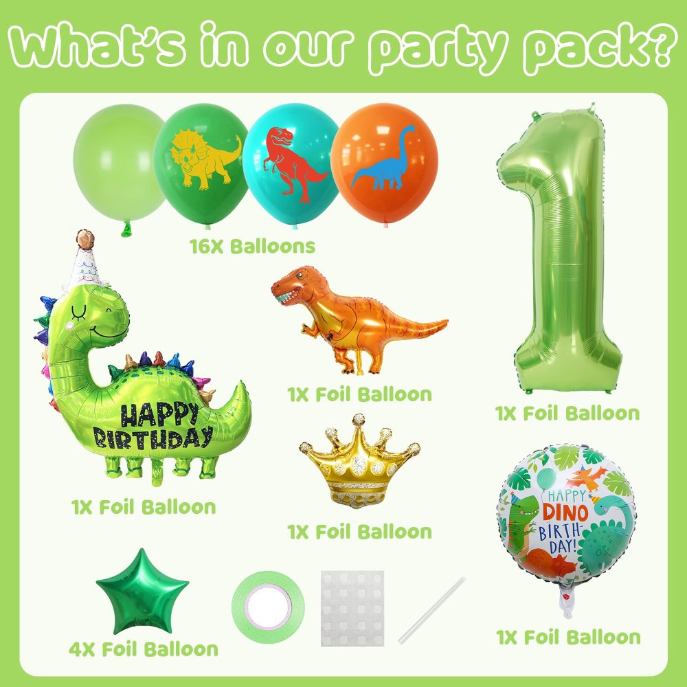 Dinosaur 1st Birthday Decorations Balloons - 25 Pieces Dinosaur Themed Decorations, Number 1 Balloon, Mini Golden Crown and Tyrannosaurus Foil Balloons, For Kid's Birthday Dino-Themed Baby Shower - Image 7