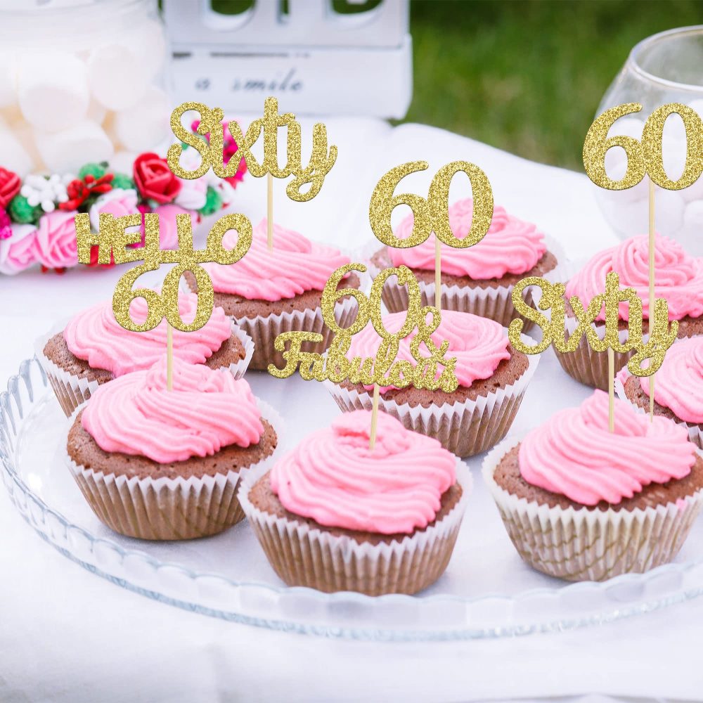Gyufise 24Pcs Gold Glitter 60th Birthday Cupcake Toppers Hello 60 Sixty Cake Toppers 60 & Fabulous Cupcake Picks 60th Birthday Cake Decorations Supplies - Image 4