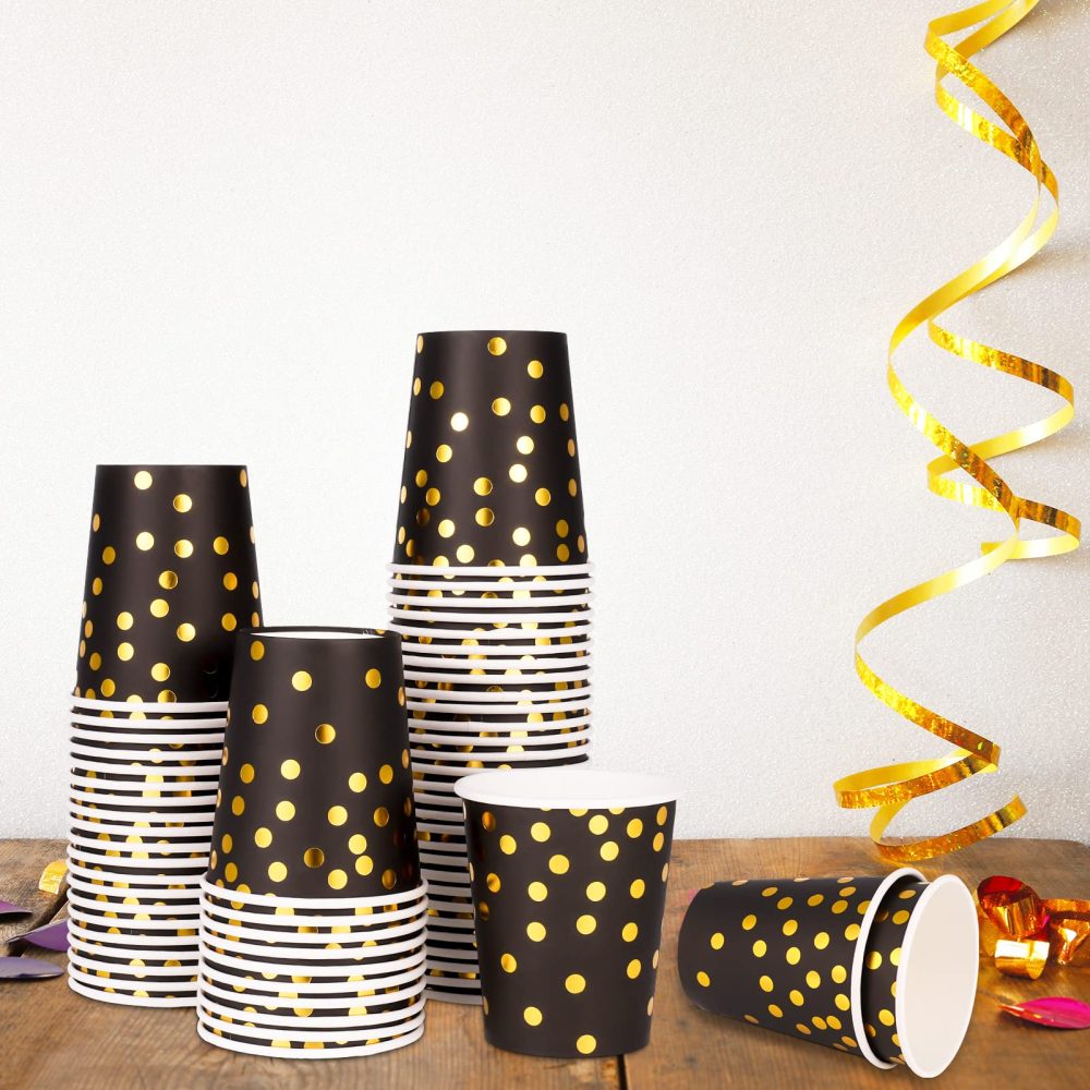 Pinenuts 60 Pieces Gold Polka Dot Paper Cups 9 Ounces Party Cups, Disposable Drinking Cups, Biodegradable for Halloween Christmas Holiday Wedding Party(Black) - Image 2