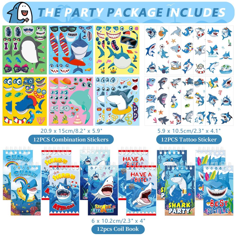 114PCS Shark Party Favors Set - 12 Shark Bracelets Wristbands 54 Shark Stickers 12 Shark Favor Bag 12 Shark Tattoo Stickers 12 Shark Notepads 12 Shark Button Pins for Ocean Shark Party Supplies - Image 6