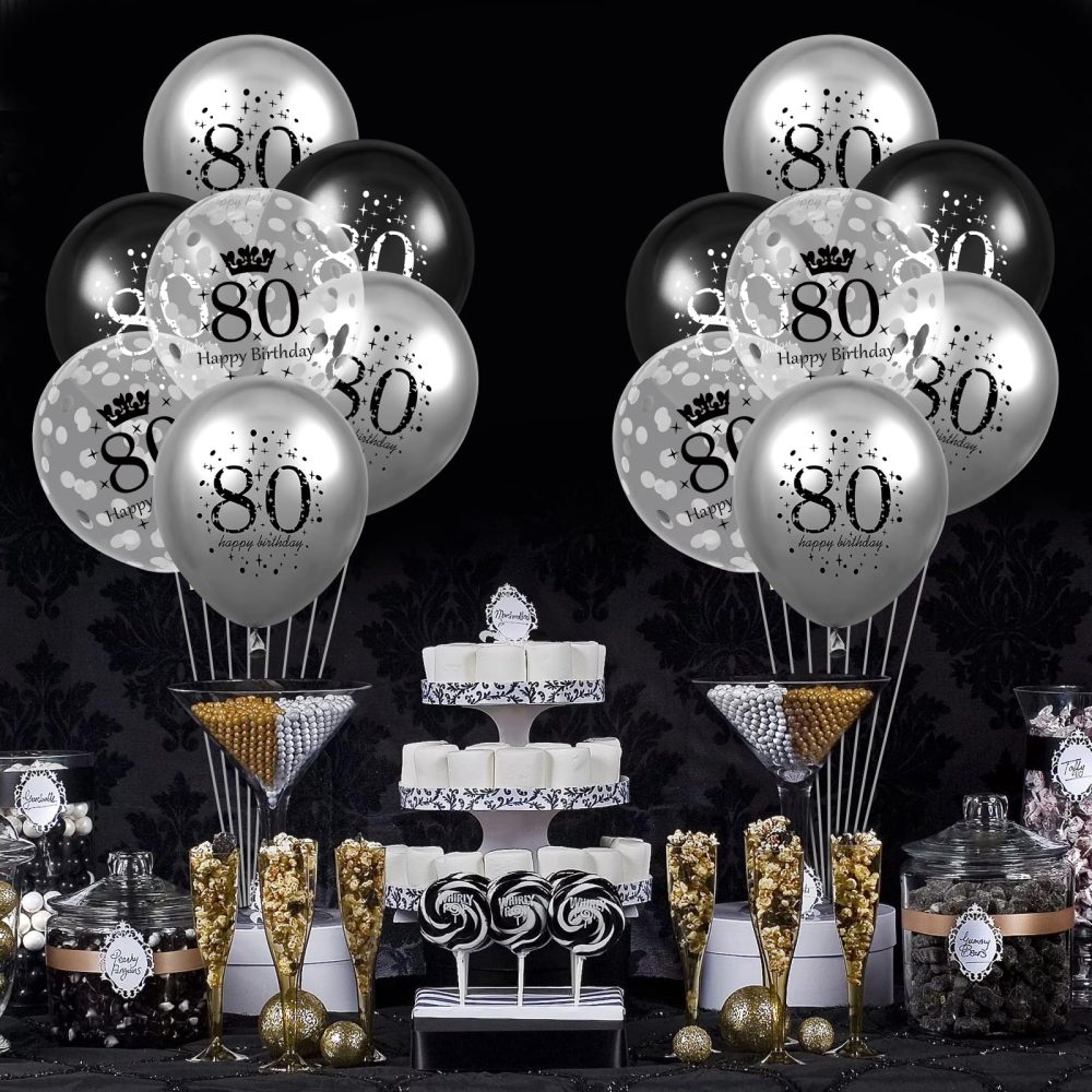 80th Birthday Balloons Decorations 15pcs Silver Black for Men Number 80 Anniversary Happy Birthday Party Latex Confetti Balloons for Men Women Adults 80th Happy Birthday Party Decor Supplies 12 Inches - Image 4