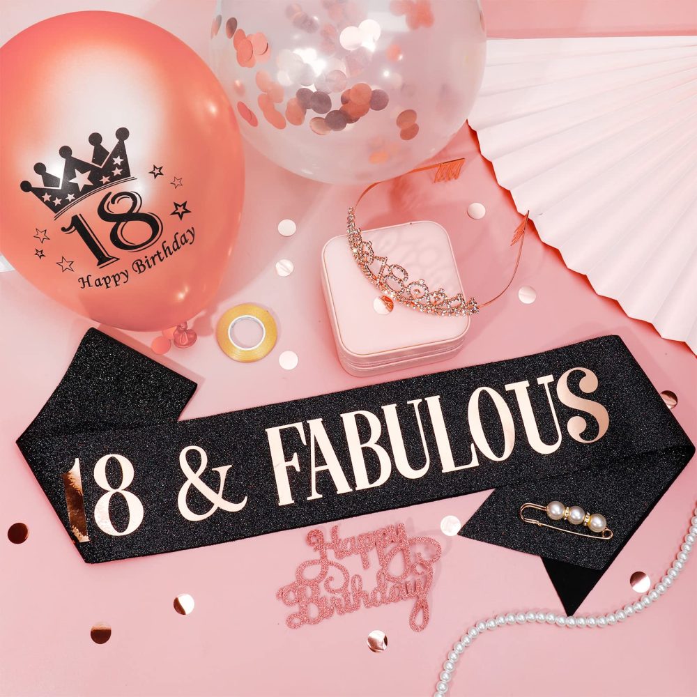 Popuppe 18th Birthday Sash and Tiara Rose Gold 18 & Fabulous Sash Rhinestone Crown Balloons Birthday Cake Topper for Girls Birthday Gift Party Decorations Supplies (Rose Black) - Image 3