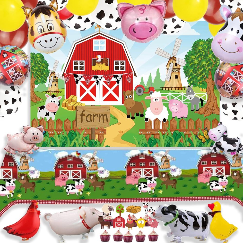 Farm Animals Theme Party Decorations Farm Barn Animals Backdrop Banner Farmhouse Animals Decor Party Tablecloth Cupcake Toppers Balloon Arch Garland Kit for Kids Farm Animals Cow Theme Party Supplies - Image 2