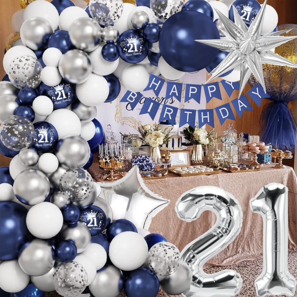 21st Birthday Decorations Blue Silver Balloons Arch Kit with 21 Number Star Foil Confetti Balloon Happy Birthday Banner Navy Blue and Silver Party Decor for 21st Boys Girls Men Women Anniversary - Image 6