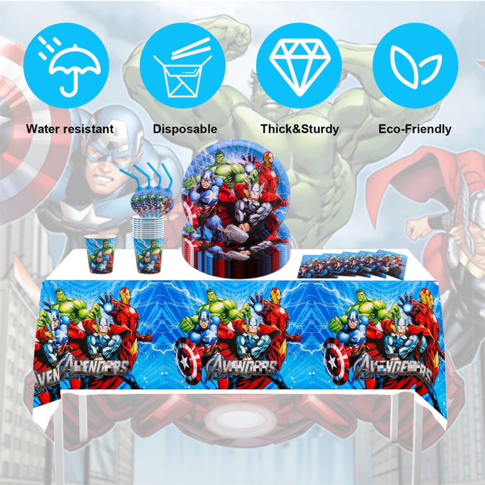 52 Pcs Party Tableware Set, Superhero Party Supplies Set with Paper Plates Cups Napkins and Tablecloth , Party Decorations, Kids Birthday Party Decorations - Image 5