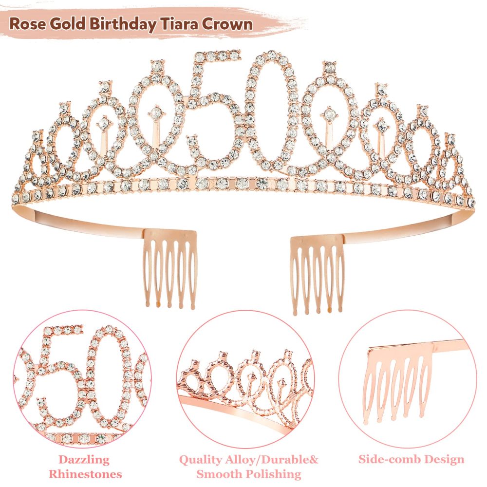 Jonvell 50th Birthday Sash and Tiara Crown Rose Gold 50th Sash Rhinestone Tiara Crown Birthday Cake Topper for Women 50th Birthday Gift Party Decorations Supplies - Image 6