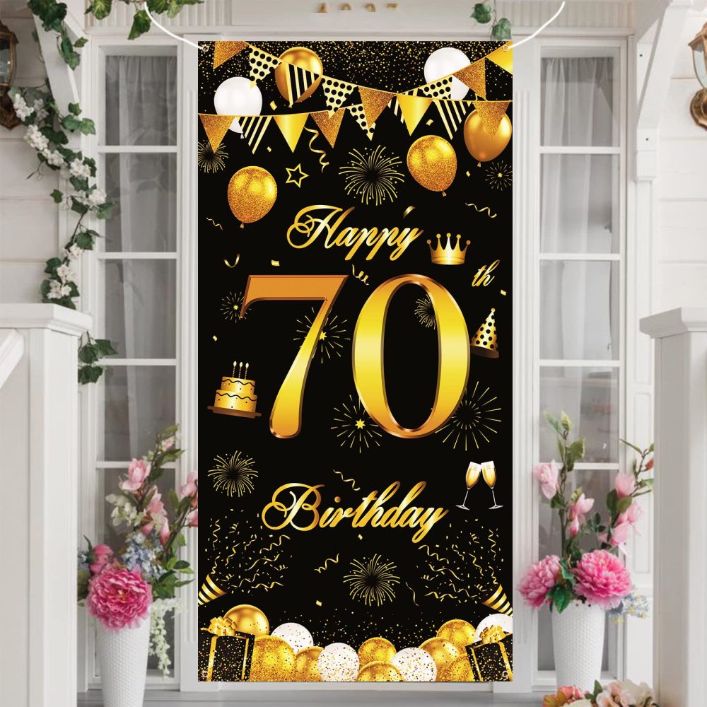 70th Birthday Decorations Banner, Black Gold Happy 70th Birthday Party Door Banner, 70th Birthday Photo Backdrop Photography Background for Men Women Birthday Party Door Wall Decoration 72.8×35.4 inch