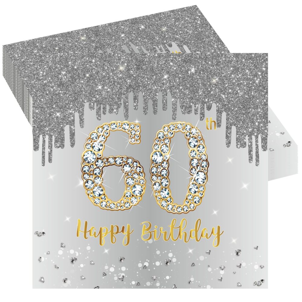 20Pcs 60th Birthday Silver Paper Napkins,60th Grey Silver Men Women Birthday Party Serviettes,Happy 60th Birthday Tableware Decoration for Women,Men,Him,Her 60th Birthday Gifts Party Supplies