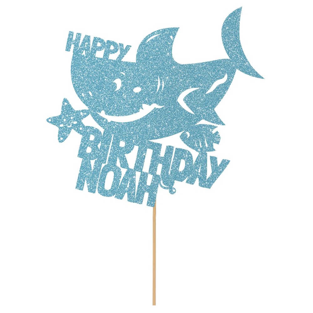 Personalised Birthday Glitter Cake Topper by Cakeshop | Custom Colour Any Name Shark Cake Decoration for 1st 2nd 3rd 4th 5th 6th 7th 8th 9th 10th 16th 18th | Baby Blue