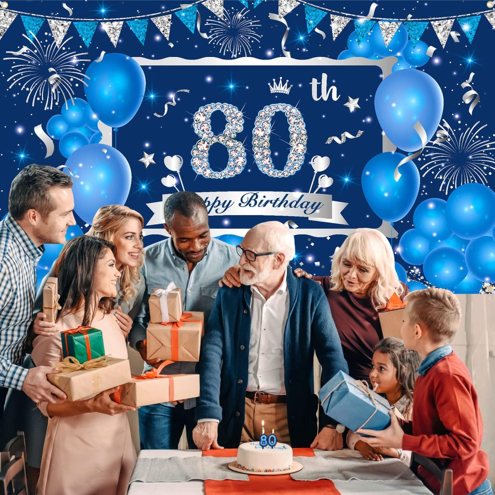Blue 80th Birthday Decorations Banner for Men Women, Navy Blue Silver Happy 80th Birthday Banner Backdrop, Large Blue 80th Birthday Banner for 80th Birthday Anniversary Party Decorations Supplies - Image 3