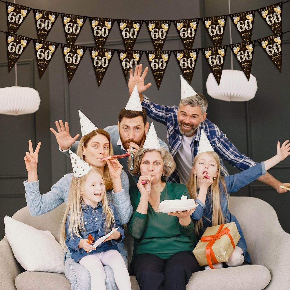 60th birthday bunting, Happy Banner Bunting Flags, 40 Pieces Triangle Gold Black Glitter Diamond by Numbers 60th Birthday Anniversary Theme Party Decoration Supplies - Image 3