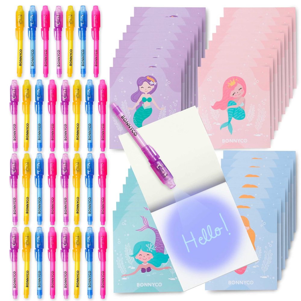 BONNYCO Invisible Ink Pen and Notebook, Pack 32 Mermaid Party Bags Filler & Pinata Toys | Mermaid Birthday Decorations | Stocking Fillers for Kids Birthday | School Prizes & Gifts for Children