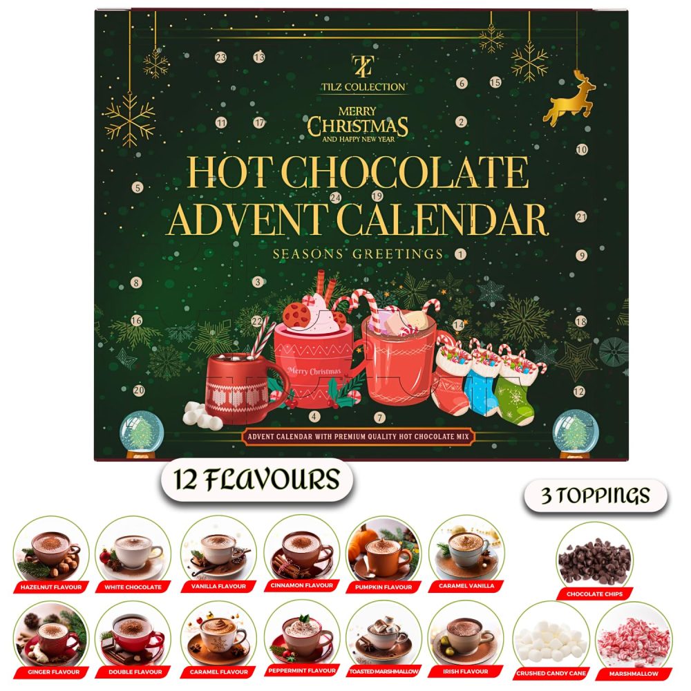Hot Chocolate Advent Calendar 2024, Christmas | 24 Days Hot Chocolate Gift Set Selection With Mini Marshmallows For Hot Chocolate | Candy Canes | Chocolate Drops | 12 Flavours, Hot Chocolate Gift Sets - Image 5