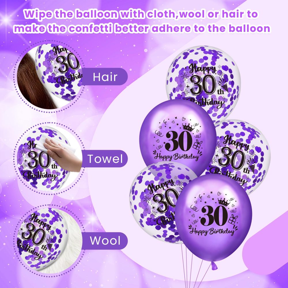 30th Birthday Balloons 18Pcs Purple Happy 30th Birthday Balloons Confetti Balloons Purple 30th Birthday Party Decorations Balloons for Women Men 30th Anniversary Birthday Decor Supplies 12 inches - Image 2