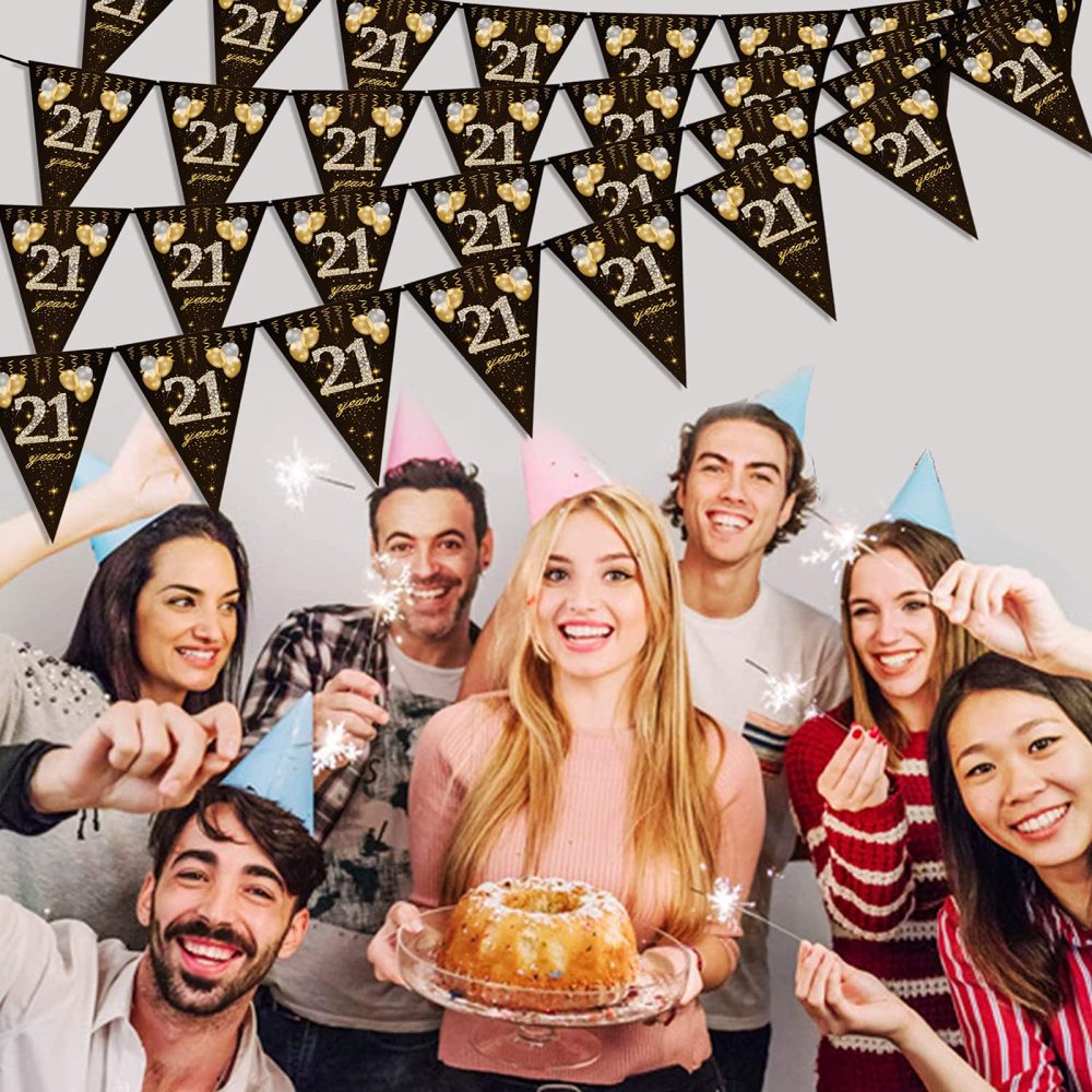 21th birthday bunting, Happy Banner Bunting Flags, 40 Pieces Triangle Gold Black Glitter Diamond by Numbers 21th Birthday Anniversary Theme Party Decoration Supplies - Image 3