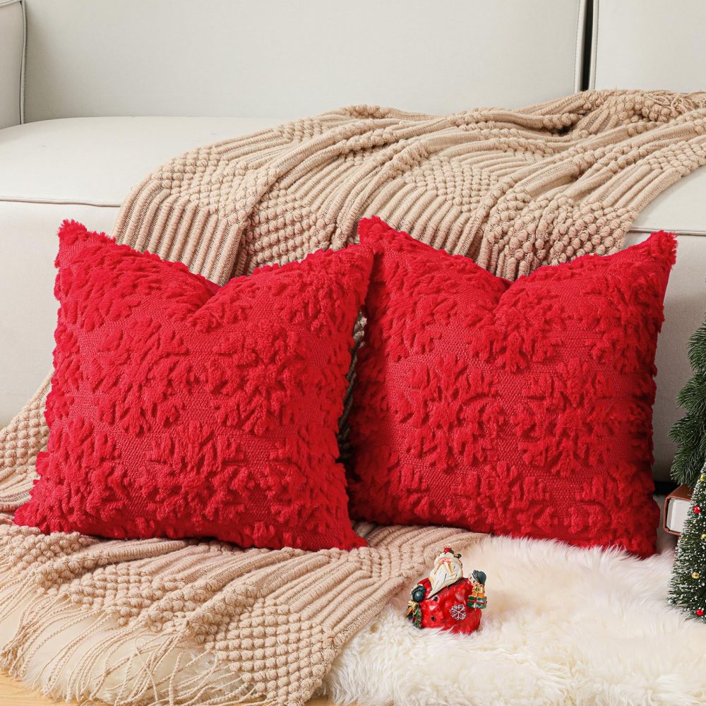 Lewondr Christmas Throw Pillow Cover 18x18, Set of 2 Super Soft Faux Fur Throw Pillow Covers Velvet 3D Snowflakes Embroidery Decorative Throw Pillowcase for Living Room Bed Couch Home Decor, Red - Image 6