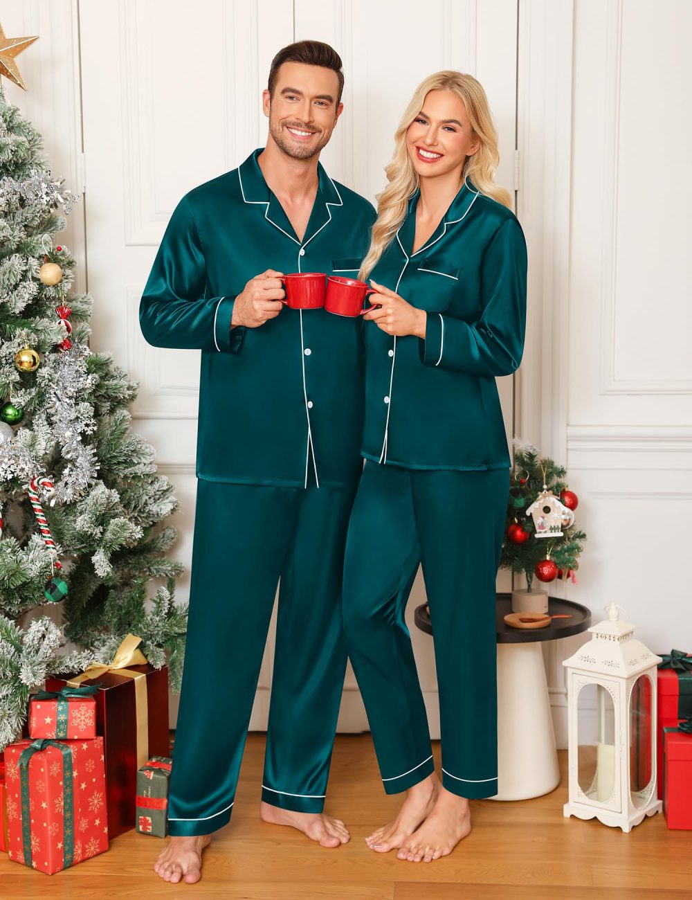 SWOMOG Mens Matching Pyjamas Set Silk Satin Button Down Sleepwear Long Sleeve Nightwear 2 Pcs Pj Set Men Green XX-Large - Image 6