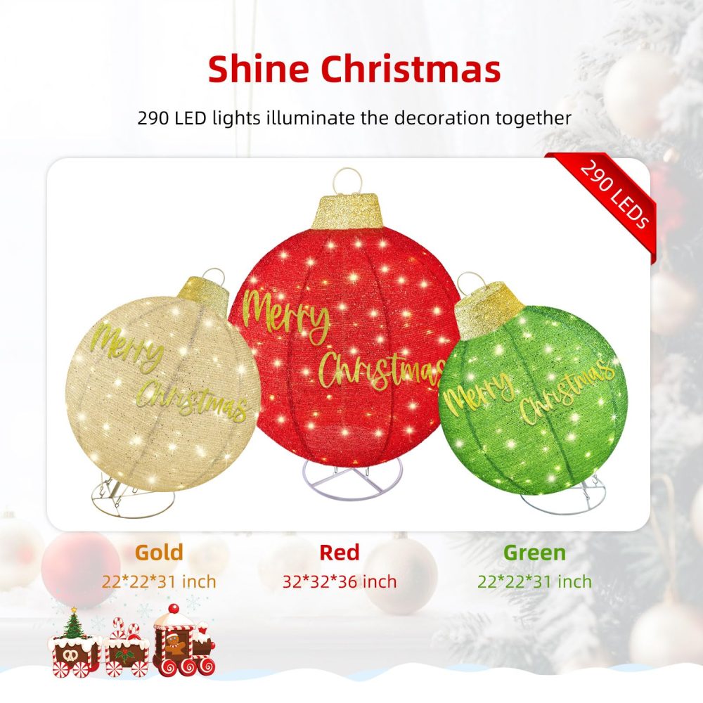 HOYECHI 3pc Lighted Pop-Up Outdoor Christmas Ornament Set – Holiday Ball Decorations with 290 LED Lights, 8 Lighting Modes, for Yard & Outdoor Christmas Decor - Red/Green/Gold - Image 4