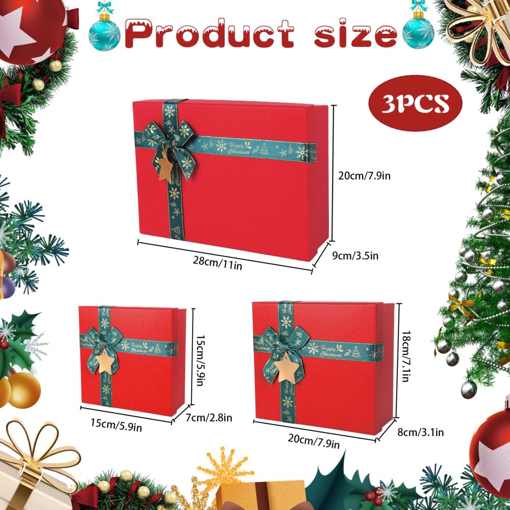 3 Pack Gift Boxes for Christmas Rigid Gift Box with Lid 3 Different Sizes Cardboard Box for Gift Lipstick Perfume Book Scarf Shirt Christmas Party Birthday Wedding New Year (Green) - Image 6