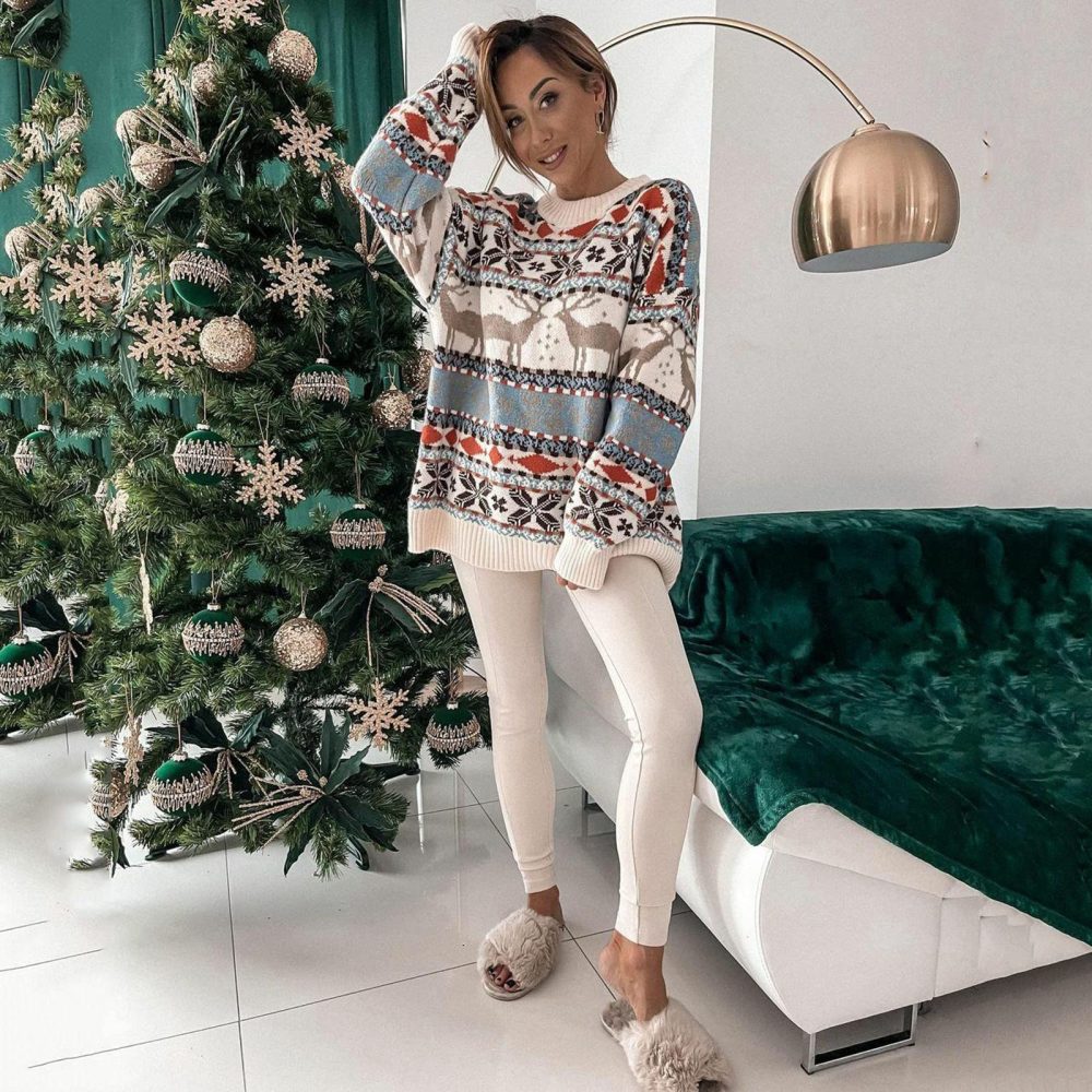 HZMM Christmas Jumper Sweatshirts Tunic Tops Women's Cute Funny Hilarious Ugly Christmas Sweater Women Long Sleeve Pullover Knitted Winter Ladies Jumper Sweatshirts Streetwear Beige - Image 5