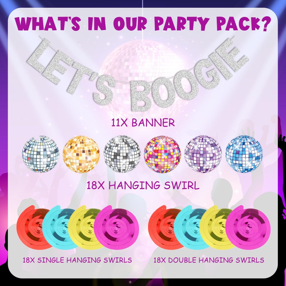 70s Disco Party Hanging Swirls - 41 Pieces 70s Party Decorations Lets Boogie Banner Silber Gelb Violett Bunt Disco Ball Ceiling Hanging Swirls For Retro Disco Party 70's Birthday Hippie Party Decor - Image 7