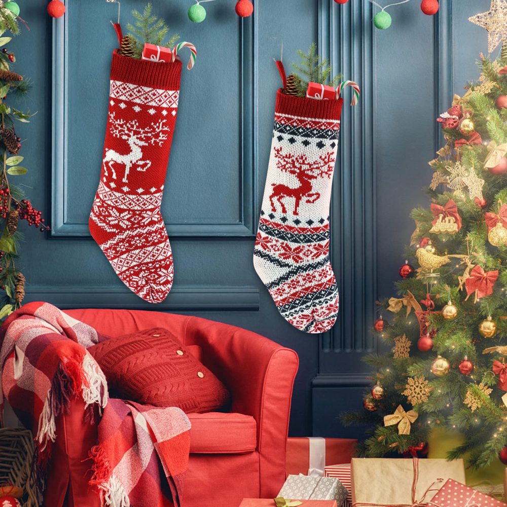 Feelava 46CM Knit Christmas Stocking 18inch Reindeer Knitted Xmas Stocking Boot Xmas Ornaments Bag Traditional Hanging Bags for Family Holiday Party Decorations,2 Pack - Image 2