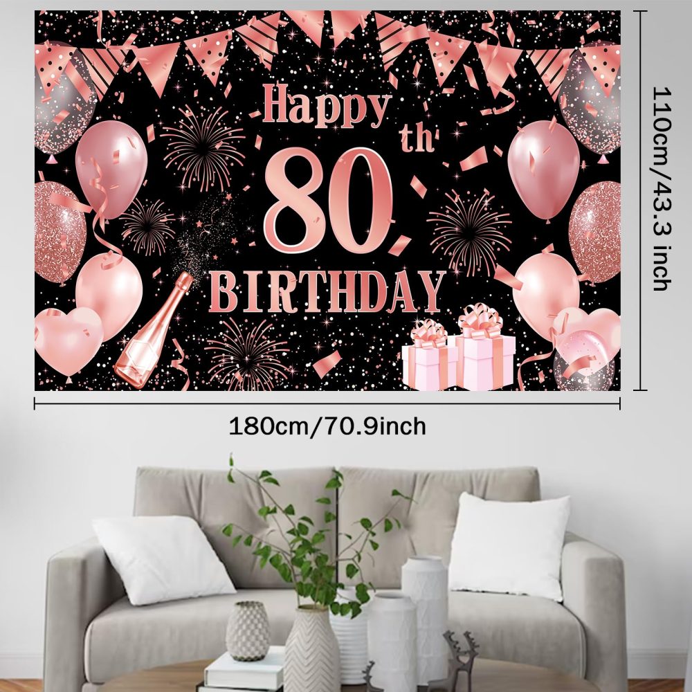 Happy 80th Birthday Backdrop Banner, Black Rose Gold Birthday Party Decoration, Large 80th Birthday Sign Poster Photo Booth Background for Women Men Birthday Party Decor - Image 5