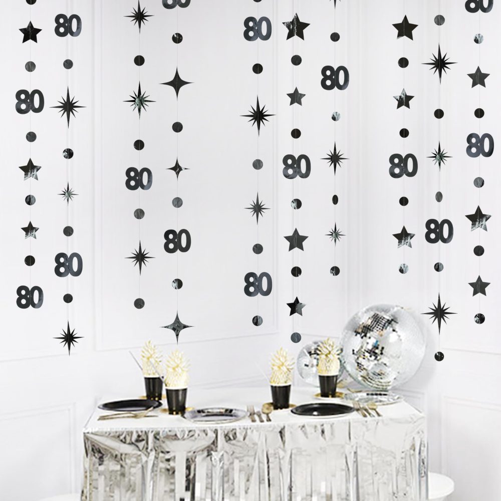 Black 80th Birthday Decorations Number 80 Circle Dot Twinkle Star Garland Metallic Streamer Bunting Banner Backdrop for Women Mens Cheers to 80 Years Old Birthday 80th Anniversary Party Supplies - Image 2