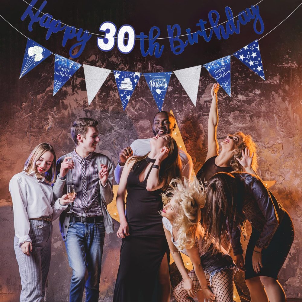 Happy 30th Birthday Banner Blue Happy Birthday Triangle Flag Banner Party Decorations Bunting Flags Party Supplies Decoration 30th Birthday Banners for Men Women A8LSLQZH (30) - Image 2