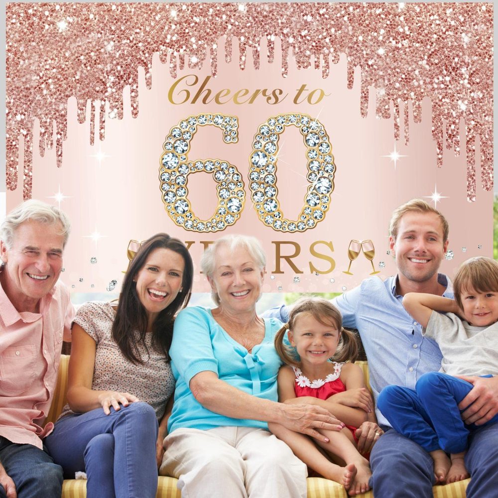 Large Cheers to 60 Years Birthday Decorations for Women, Pink Rose Gold Happy 60th Birthday Banner Backdrop Party Supplies, Sixty Birthday Poster Background Sign Decor - Image 3