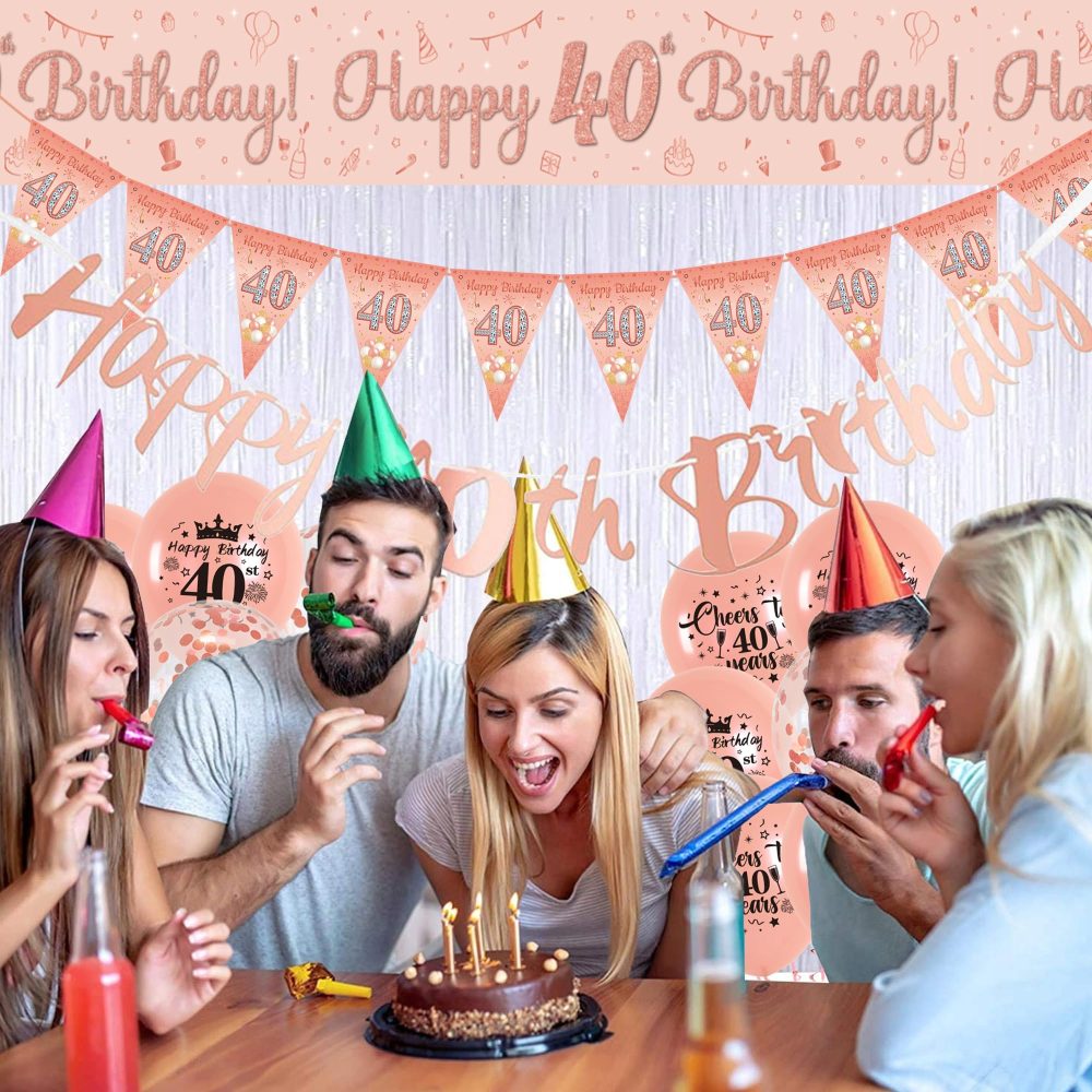 40th Birthday Decorations for Women - Happy 40th Birthday Banner Decor, 44PCS Rose Gold Latex Confetti Balloons Sash Triangle Flag Courtyards Banner Party Decoration Kit Supplies for Friends - Image 3