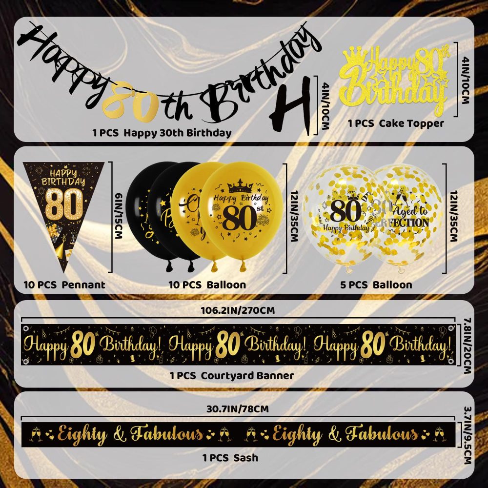 80th Birthday Decorations for Men - 44Pcs Black Gold Party Balloon Banner Decor Set with 80th Birthday Yard Banners Confetti Latex Balloons Happy Birthday Cake Topper for 80 Years Old Party Supplies - Image 7