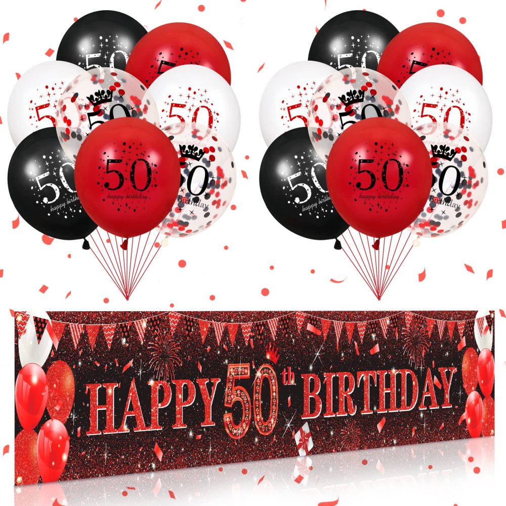 RUMIA Red 50th Birthday Decorations for Men Women, Red Black Glitter 50th Birthday Banner Yard Sign and 16Pcs Red Black 50th Birthday Latex Balloons for 50th Birthday Anniversary Party Supplies (A6X)