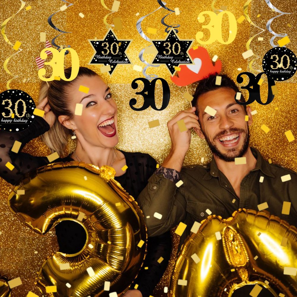 30th Birthday Party Hanging Swirls Streamers 22pcs Black Gold Birthday Streamers Supplies 30th Birthday Ceiling Decorations Spirals Set for Boy Men Birthday Anniversary Party Celebration (30TH) - Image 5