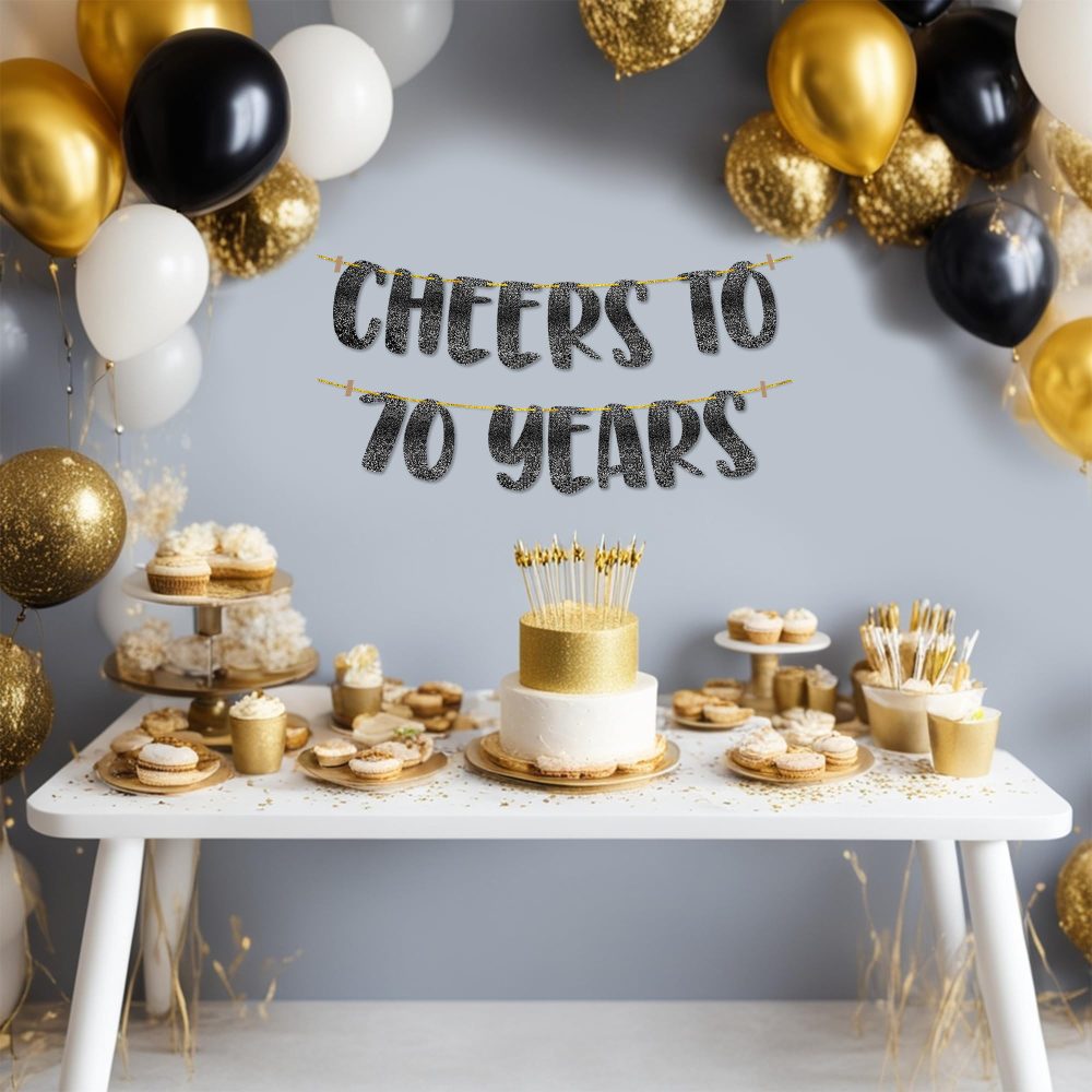 TOYVENTURES Cheers to 70 Years Black Glitter Banner - Happy 70th Birthday Party Decorations 8 Feet, 70th Wedding Anniversary Party Supplies - Milestone Celebration Decor - Pre-strung, No DIY Required - Image 5