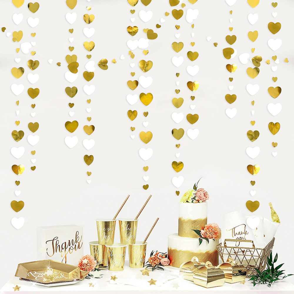 52Ft White and Gold Love Heart Garland Hanging Paper Streamer Banner for Anniversary Bachelorette Engagement Wedding Bridal Shower Birthday Father's Mother's Day Valentines Christmas Party Decorations - Image 5